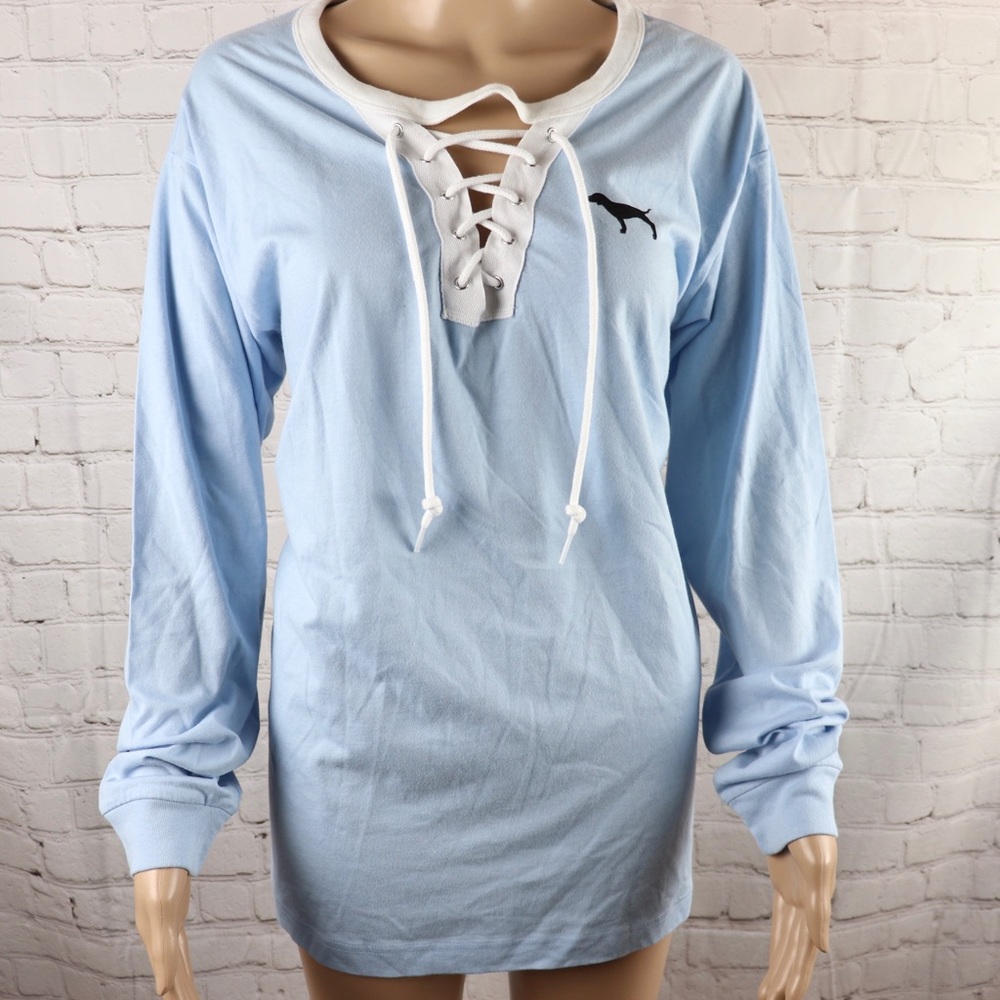 VS PINK Logo Long Sleeve lace up Campus Tee Shirt - Picture 3 of 7